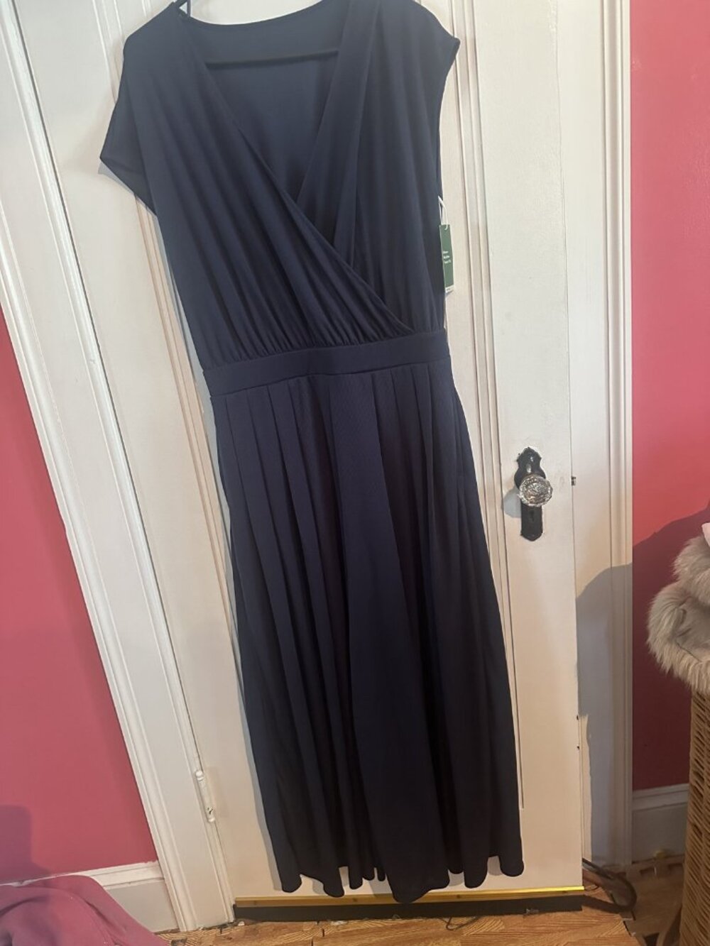 NWT Halara Navy Faux Wrap Midi Dress L Petite V-Neck Cap Sleeve Elastic Waist